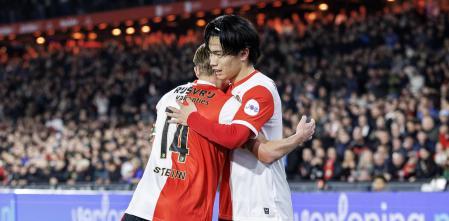 Ayase Ueda celebrates after scoring for Feyenoord against Volendam