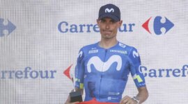 Great detail of Mas towards Pogacar on the La Vuelta podium after his abandonment